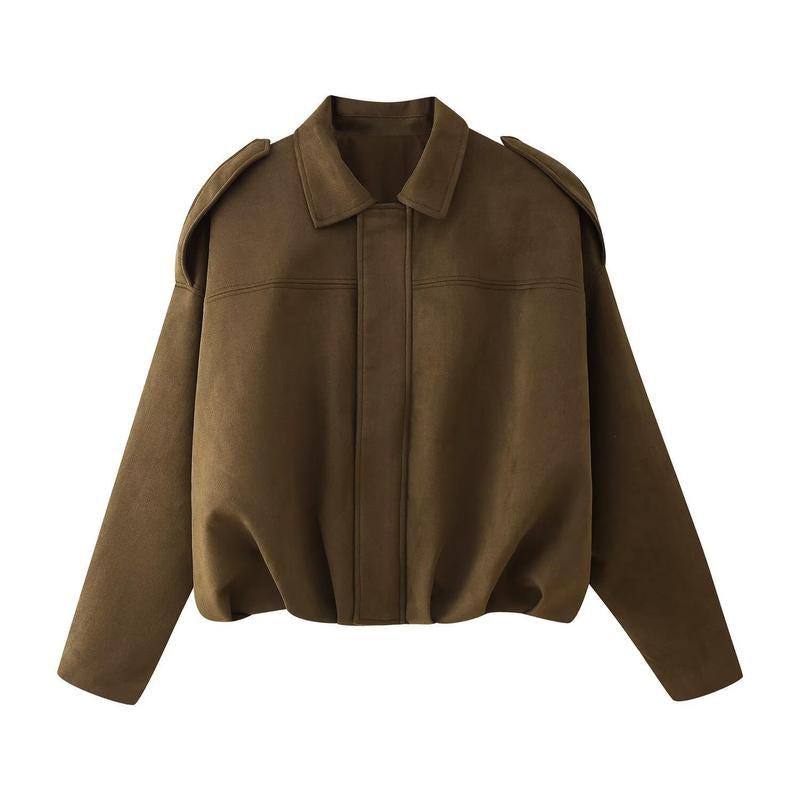 Katchme Women'S Vintage Solid Color Collared Zipper Long Sleeve Jacket, Cozy Outerwear for Lady, Epaulets Plain Cropped Jacket, Fall & Winter Outfits