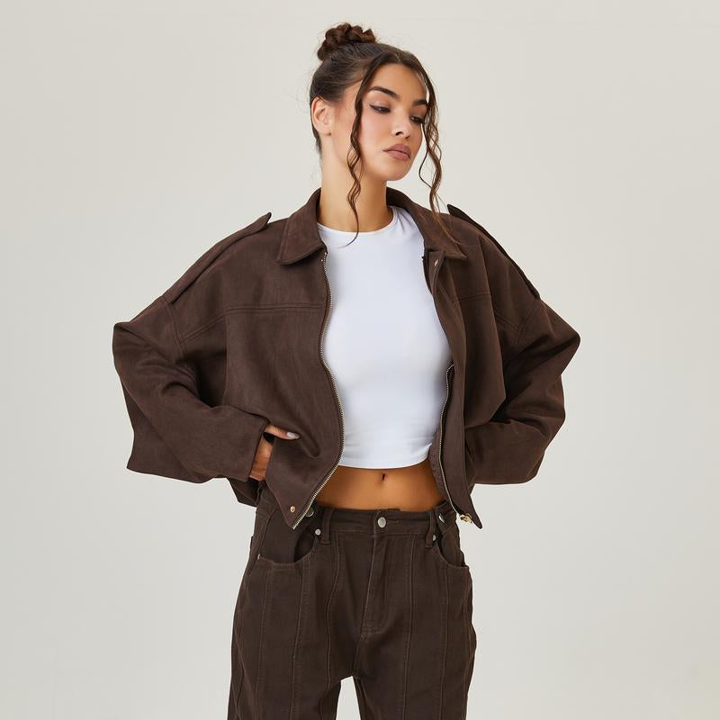 Katchme Women'S Vintage Solid Color Collared Zipper Long Sleeve Jacket, Cozy Outerwear for Lady, Epaulets Plain Cropped Jacket, Fall & Winter Outfits