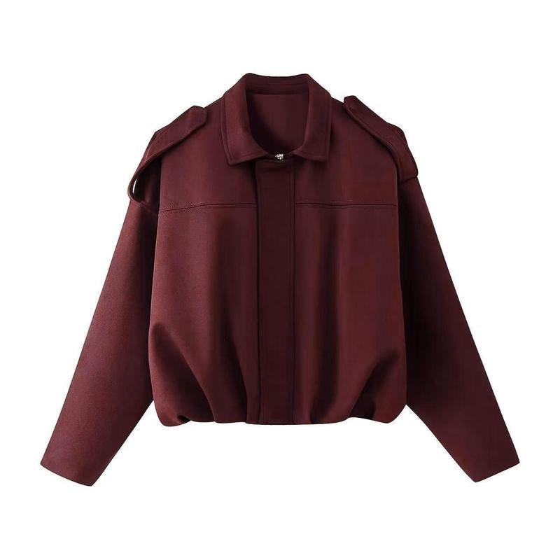 Katchme Women'S Vintage Solid Color Collared Zipper Long Sleeve Jacket, Cozy Outerwear for Lady, Epaulets Plain Cropped Jacket, Fall & Winter Outfits