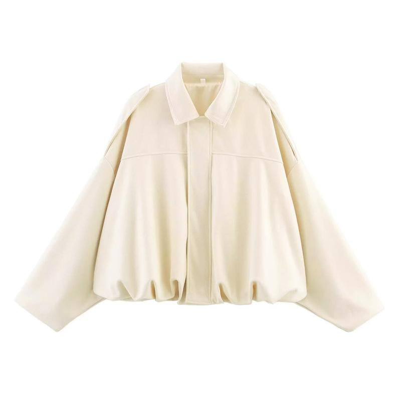 Katchme Women'S Vintage Solid Color Collared Zipper Long Sleeve Jacket, Cozy Outerwear for Lady, Epaulets Plain Cropped Jacket, Fall & Winter Outfits