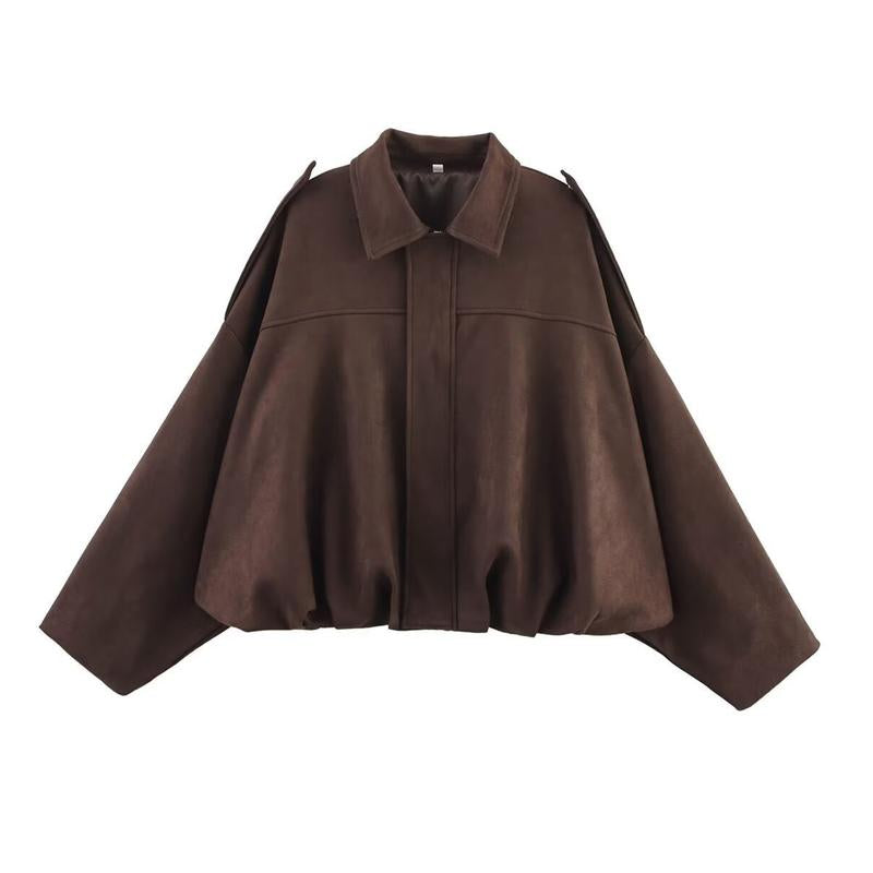 Katchme Women'S Vintage Solid Color Collared Zipper Long Sleeve Jacket, Cozy Outerwear for Lady, Epaulets Plain Cropped Jacket, Fall & Winter Outfits