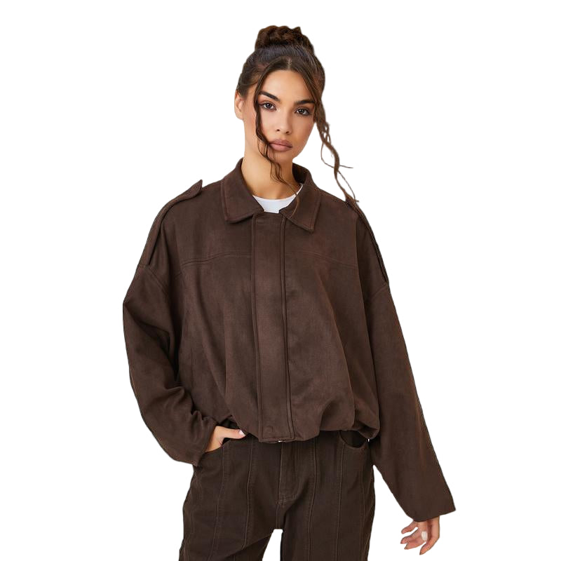 Katchme Women'S Vintage Solid Color Collared Zipper Long Sleeve Jacket, Cozy Outerwear for Lady, Epaulets Plain Cropped Jacket, Fall & Winter Outfits
