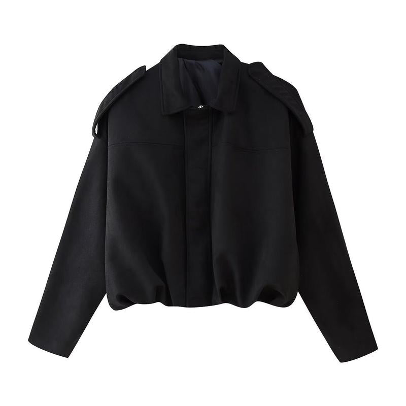Katchme Women'S Vintage Solid Color Collared Zipper Long Sleeve Jacket, Cozy Outerwear for Lady, Epaulets Plain Cropped Jacket, Fall & Winter Outfits