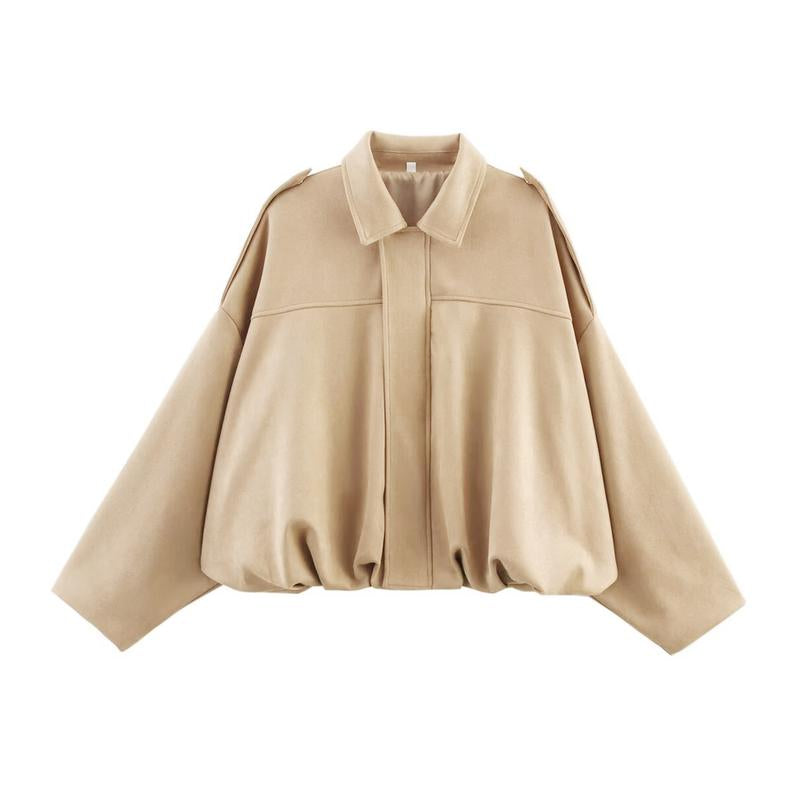 Katchme Women'S Vintage Solid Color Collared Zipper Long Sleeve Jacket, Cozy Outerwear for Lady, Epaulets Plain Cropped Jacket, Fall & Winter Outfits