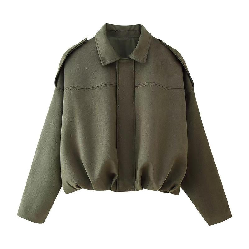 Katchme Women'S Vintage Solid Color Collared Zipper Long Sleeve Jacket, Cozy Outerwear for Lady, Epaulets Plain Cropped Jacket, Fall & Winter Outfits